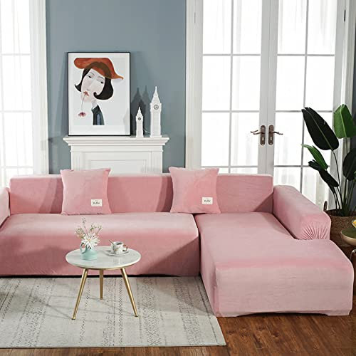 Copridivano Elegante, Peluche Spesso, Copridivano Elasticizzato Copridivano Componibile Antipolvere in Velluto Copridivano a Forma di L-Rosa-2 Posti(145-185cm)