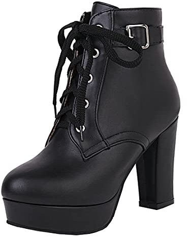 MISSUIT Damen High Heels Plateau Stiefeletten Blockabsatz Schnüren Chunky Heels Ankle Boots mit Schnürung Schuhe(Schwarz,43)