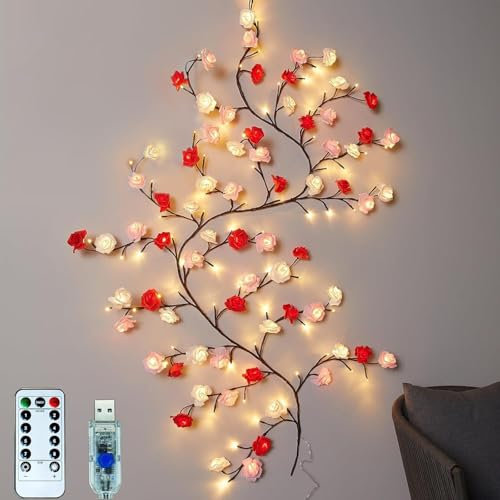 LED Tree Branch Lights for Wall, Cherry Blossom Willow Vine Twig Decor Garland with 144 LED Lights and Remote,8 Lighting Modes,Christmas Decorations Indoor for Home Wall Door Window (Rose 72LED)