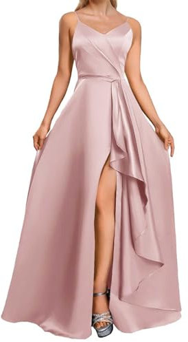 HPPEE Robe de bal en satin avec col en V pour femme - Robe de soirée formelle avec fente - Bretelles spaghetti froncées, Rose pâle., 34
