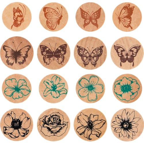 Syrvnto 16 Stück Holz Lehrer Stempel Schmetterling Blumen Motive Holzstempel Set für DIY Tagebuch,Scrapbooking,Kartenbasteln,Belohnung Lob Zylinderstempel mit Schwarz Stempelkissen