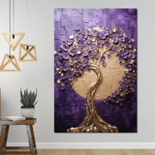 BMGKYAGL Modernes abstraktes Ölgemälde mit lila-goldenem Baum auf Leinwand, Wandkunst-Poster-Dekor, Heimdekoration, 70 x 100 cm, rahmenlos
