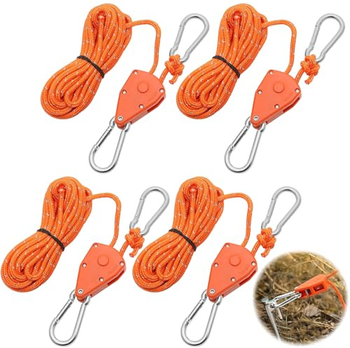 4 pezzi 4 mm corda regolabile a cricchetto, 5 m corde di tensionamento con tenditore per corda, gancio regolabile a cricchetto, corda per tenda, tenda da sole da trekking, picnic (arancione)