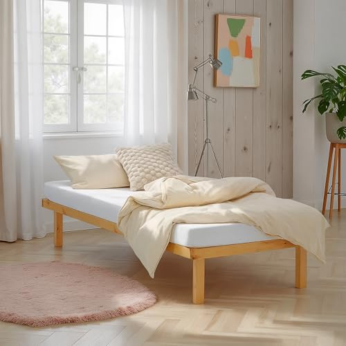 Homestyle4u Palettenbett 90x200 mit Matratze & Lattenrost, Holzbett, Bettgestell Holz Unbehandelt Kiefer, Massivholzbett Einzelbett, Artikel 3129