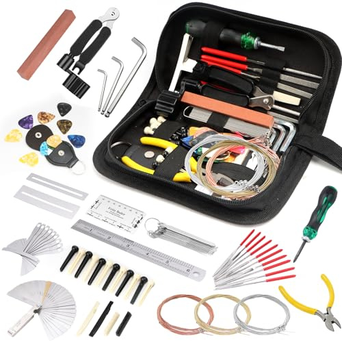 119 Stück Gitarren-Reparatur-Set, Gitarrenpflege-Reinigungs-Werkzeug-Set mit Sattel, Steg, Stimmgerät, Schraubendreher, Plektrum und Feile, Gitarre Pflege Set für Guitare Ukulele Bass