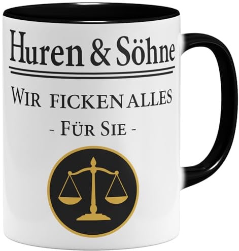 OM3® Anwalt Kaffee-Tasse mit Spruch - Huren & Söhne - Lustige Jura Spruch für Studenten & Juristen - Keramik Becher - 325ml - Beidseitig Bedruckt - Schwarz