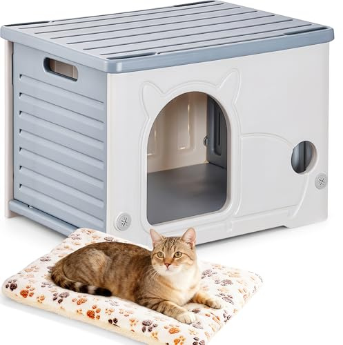 Outdoor Cat House Waterproof, Insulated Cat Shelter for Stray & Feral Grey | Elevated Plastic Cat Cave with Removable Roof and Cushion Mat, Stackable Indoor Garden Pet House
