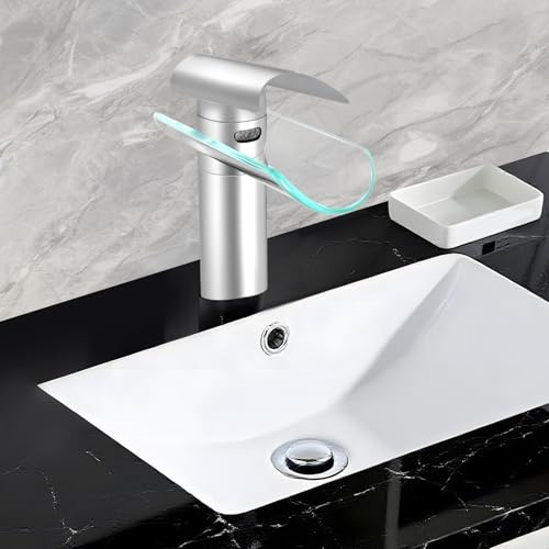 awolsrgiop Wasserfall Armatur für Badezimmer, Einhebel Waschtischarmatur aus Glas und Edelstahl, 17.5cm Auslauf mit 3/8 Anschluss, Einfache Installation für Waschbecken