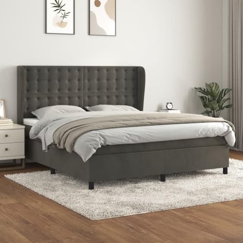 QJBSAVVA Boxspringbett 180x200 cm Grau Samt dunkelgrau mit Matratze & Topper Kopfteil höhenverstellbar Modernes Design für Schlafzimmer Erwachsene