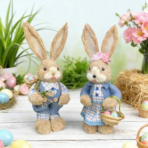 Osterdeko Osterhase Deko Tisch, 2 Stk Osterdeko Hase Stroh, 35cm Ostern Deko Osterhase Puppen, Stroh Osterhasen Dekor, Osterhasen Figuren, Frühlingsdeko, Ostern Hasen Figuren Osterdekoration (Plaid)