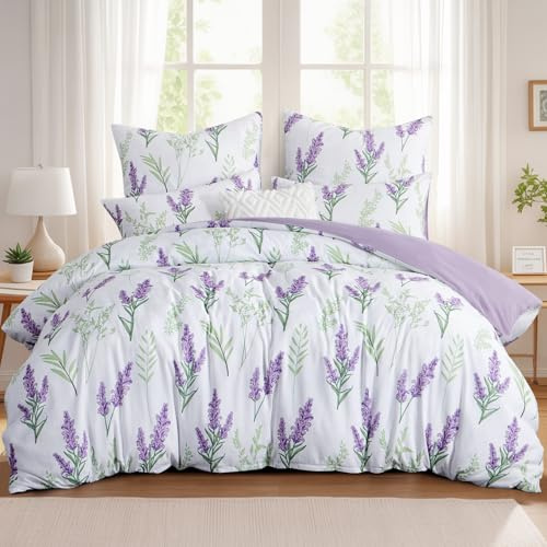 Aisbo Double Bedding Duvet Cover Sets - 3 Pieces Floral Lavender Bedding Set White and Purple, Soft Brushed Microfiber Double Bed Quilt Cover with 2 Pillowcase, 200x200 cm