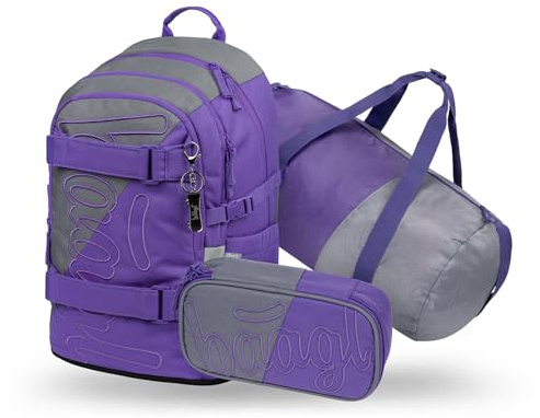 Baagl Schulrucksack Set Mädchen 3 Teilig Ergonomischer Schulranzen - Dual | Skateboard Rucksack und Schultasche ab 3. Klasse mit Brustgurt bietet mit 25 l Volumen viel Platz für aktive Kinder.