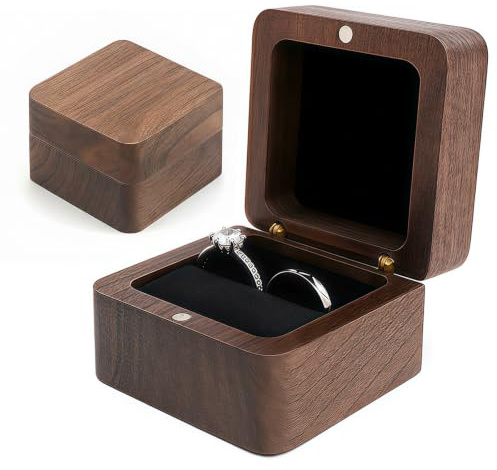 PELARISE Ringbox Hochzeit, Holz Ringschachtel, Quadratische Ring Box, Retro Ring Schatulle mit Samt Verkleidung, für Heiratsanträge, Verlobung, Ttägliche Aufbewahrung