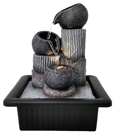 Celestial Orbs Indoor Tabletop Water Fountain with LED Light, USB Resin Cascading Bowl Water Feature for Home, Office, Bedroom, Shelf & Modern Zen Décor, 25cm