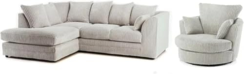 Dylan Jumbo Cord L-Shaped Corner Sofa Suite – Modern Fabric Corner Couch with Modular Design, Deep Cushioned Seating, Contemporary Living Room Sofa Set (Left hand Corner + Swivel Chair (Cream))