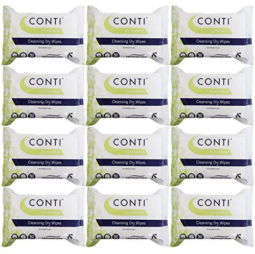 Conti Flushable - Patient Cleansing Dry Wipes, Maceratable Highly Dispersible Full Body Wash Cloths, Wipe Size 33cm x 22cm, 50 Wipes Per Pack - 12 Pack