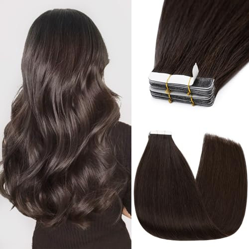 Silk-co Tape Extensions Echthaar 10stk, Remy Tape in Extensions Haarverlängerung, Skin Weft Echthaar Haarextensions Tape Kleber 25g, 02# Dunkelbraun 50cm