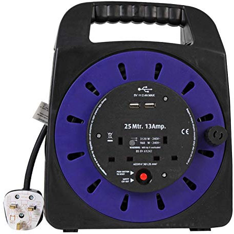 Ex-Pro 2 Way 25M Mains Socket Cassette Reel Extension Lead Cable with 2x USB Charging Ports and Safety Cut-Out Switch 13A - Ideal for Workshops, Offices, Warehouses, DIY and more - Black/Blue