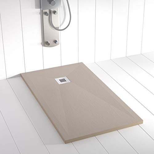 Shower Online Piatto doccia in resina PLES - 90x160 - Texture in ardesia - Antiscivolo - Tutte le misure disponibili - Include griglia in acciaio inox e piletta - Sabbia S 3005 Y 50R