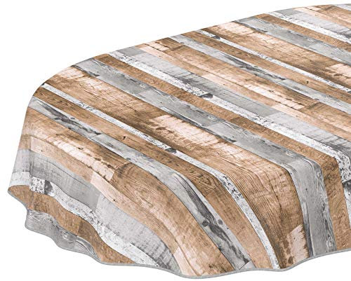 ANRO Wachstuch Tischdecke oval mit Einfassung – Holzoptik Braun Grau – pflegeleicht, robust, abwaschbar – für Esszimmer, Küche & Garten 220 x 140 cm (Oval)