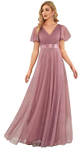 Ever-Pretty Women's V Neck Floor Length A Line Empire Wasit Short Sleeve Tulle Long Bridesmaid Dresses 07962