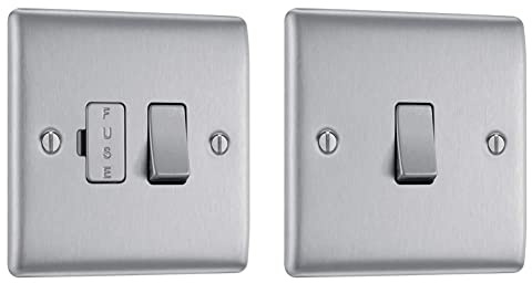 BG Electrical Switched Fused Connection Unit, Brushed Steel, 13 Amp & NBS12-01 Single Light Switch, Brushed Steel, 2-Way, 16AX