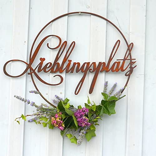 Rostschild Lieblingsplatz im Ring Türkranz Metall in Rostoptik - 52cm x 40cm zum Hängen