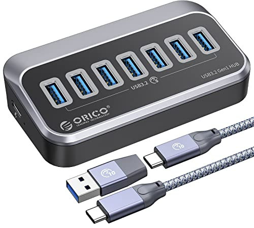 Hub USB C ORICO, Adaptador USB de 7 Puertos con 0.5m Cable, Divisor USB de Transferencia 5 Gbps rápida de Datos, Puerto Tipo C para PC, portátiles, Mac, Impresora, HDD móvil