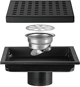 Duschrinne Rostfreier Stahl Bodenablauf Quadrat 15x15cm Duschablauf Duschabfluss mit Bodenablaufabdeckung, Haarfilter, Desodorierender Kern aus Rostfreier Stahl,Schwarz