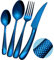 Xideman® couverts de table 24 pieces martelées bleu avec couteau dentelé 2 en 1 ultra tranchant, menagere inox 18/10 pour 6 personnes, couvert plaqués titane couteaux, fourchettes, cuillères