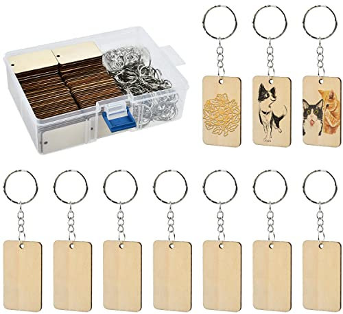 DODUOS 100 Stück 5*3cm Holzscheiben mit Loch und 100 Stück Schlüsselringe, Holz Schlüsselanhänger zum Bemalen, Holzanhänger für DIY-Basteleien, Schlüsselanhänger Holz Rohling für Weihnachtsdekoration