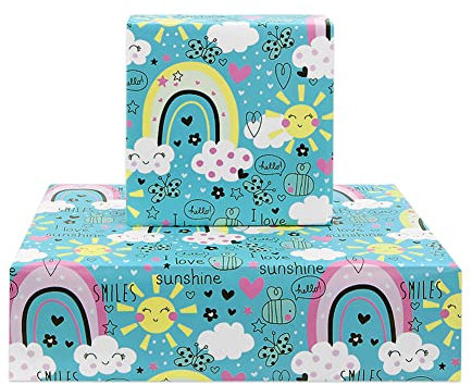 Geburtstags Geschenkpapier für Mädchen, Kinder, Jungen, I Love Sunshine Regenbogen-Design Geschenkpapier für Geburtstag, Babyparty, Kindertag, 4 Bögen flach gefaltet, 50 x 70 cm pro Bogen