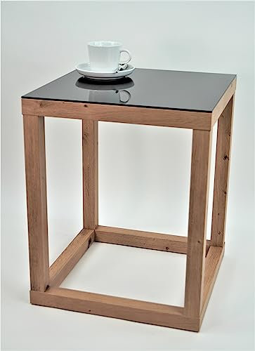 freeroom24, Beistelltisch, Wohnzimmertisch, Couchtisch, Coffee Table, Kaffeetisch, Blumenhocker, Blumensäule, Cube, Holzoptik Artisan Eiche Nachbildung, Glas schwarz, 30 x 30 x 50cm, Made in Germany