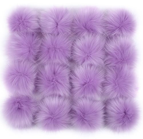 6 stk 15-18cm Kunstfell Pompons mit Druck Knopf,Kunstfell Bommeln zum Basteln,Künstliche Fellbommel Flauschige Bommel Pom Pom zum Basteln DIY Handwerk Mützen Handschuhe Tasche Dekor,Helles Lila