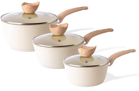 Non Stick Saucepan Set – Induction Saucepan with Lid – 3pcs Cream Granite Sauce Pan – 16cm, 18cm, 20cm Saucepot Set – by Nuovva