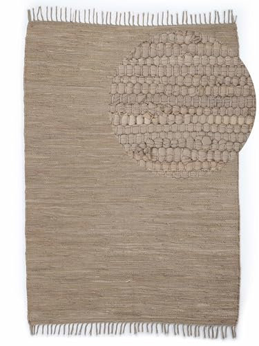 carpetfine Flickenteppich Kelim Chindi Uni Taupe 60x90 cm, handgewebt | Fleckerlteppich aus Baumwolle für Wohnzimmermit Fransen
