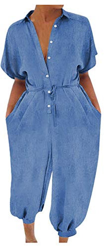 Work Jumpsuits for Women, Womens Classic Distressed Casual Harem Denim Dungarees Loose Fit One Piece Short Sleeve Button Down Baggy Work Jean Jumpsuits Stretchy Onesie Romper Playsuits Coveralls
