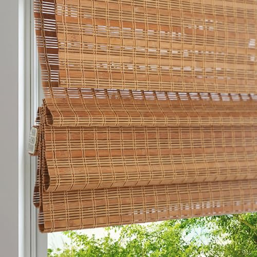 LANTIME Cordless Wood Window Blinds, Bamboo Sheer Light Filtering Woven Roman Shades, Tiger Wood, 24 W X 48 H