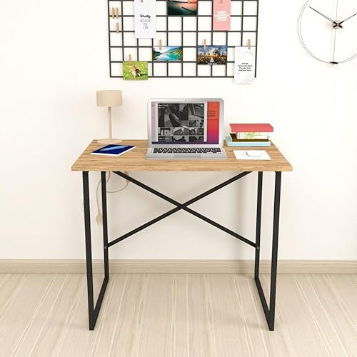 URBNLIVING 90cm Wooden Computer Laptop Desk Modern Space Saving Study Table Workstation with Metal Legs (Pine)