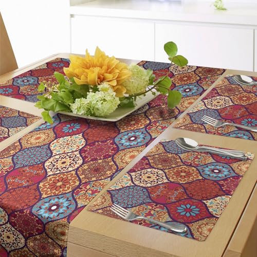 ABAKUHAUS marokkanisch Tischläufer & 4 Stück Tischsets, Orientalisches gewelltes kurviges Muster mit Frühlings-Natur inspirierte Retrostil-Kunst-Motive, Tischdeko-Set, 180 x 40 cm, Rot Kamel