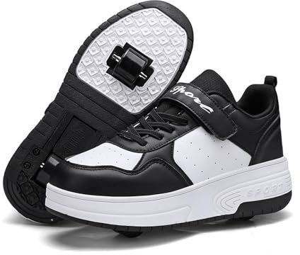 Mateju Schuhe mit Rollen für Mädchen Jungen Schwarz Kinder Rollschuhe Schuhe mit 2 Rollen, 2 in 1 Turnschuhe Versenkbarer, Damen Herren Roller Schuhe Turnschuhe Skateboardschuhe 34 EU