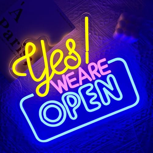 PILOYINDE Yes! WE ARE OPEN Panneau néon ouvert à LED pour décoration murale Jaune-rose-bleu Ouvert LED Inscription « WE ARE OPEN » pour bar restaurant hôtel boutique club décor