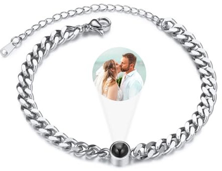 INBLUE Personalisierte Foto Projektion Armband für Paar - Edelstahl Kandare Kette Mit Projektion Perle - Individuelle Bild Innen Memorial Geschenke für Frauen - Silber