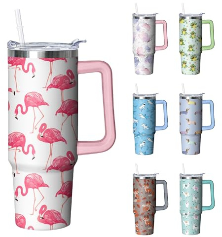 30 oz Flamingo Tumbler with Handle and Straw, Insulated Stainless Steel Cup with Lid, Travel Coffee Mug Water Bottle, Gifts for Woman Animal Lovers