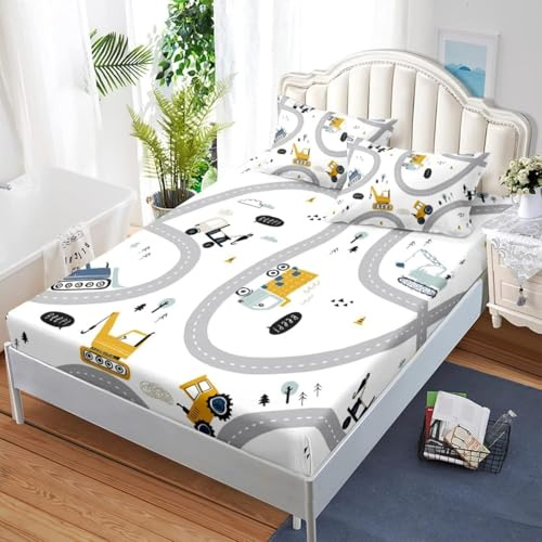 TACOKI 3D Auto Spannbettlaken 140x200cm, Auto Weiches Mikrofaser Bettlaken für Kinder, Bettlaken Spannbetttuch 140x200 bis 30 cm Matratzenhöhe mit 2 kissenbezüge c1271
