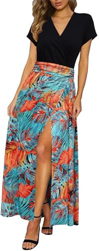 Newshows Sommerkleid Damen lang Maxikleid Sommer Kurzarm V Ausschnitt Strand Kleider Orange Blue Tropical Leaf,S