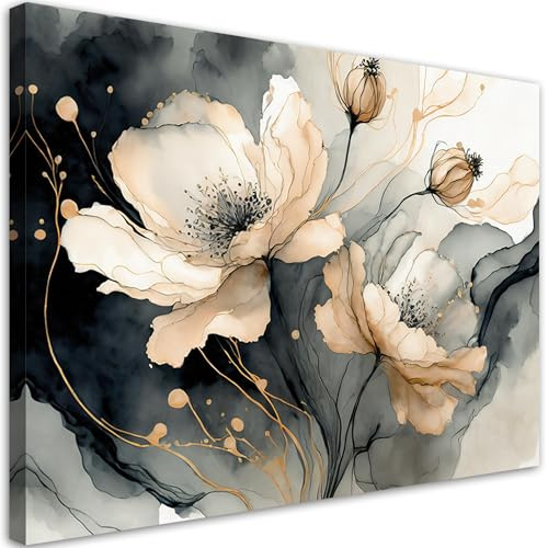 Feeby Leinwand Bilder - Blumen Aquarell Beige - Canvas 90x60 cm - Deko Wohnzimmer - Wandbilder Schlafzimmer - Deko Aesthetic - Wand Deko - Leinwand Groß - Deko Zimmer - Leinwandbilder XXL