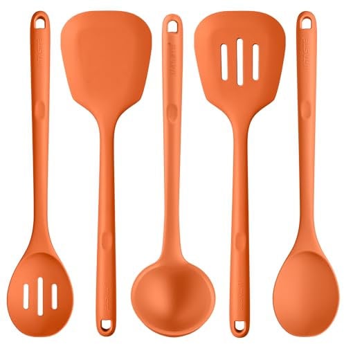 U-Taste Extra Long Silicone Kitchen Utensils, 5 Pcs 315℃ Heat Resistant Food Grade Cooking Tools Non-Stick Silicone Spatula Turner Spoon Set for Mixing Serving Frying Stirring Draining (Orange)