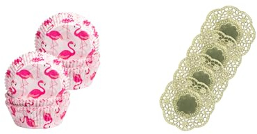 Demmler Muffin 2er Flamingo - Cupcakes Papierförmchen 5 x 5 x 2,5cm - 120 Stück - inklusiv 4 goldenene Tassendeckchen - Made in Germany