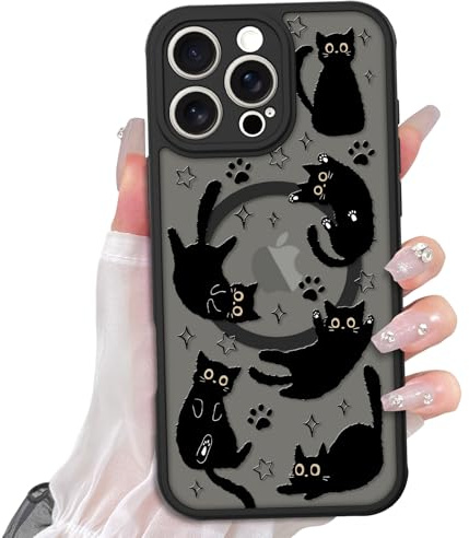 Heaofei Cute Magnetic Case for iPhone 16 Pro Max Case [ Compatible with MagSafe ] with Black Cat Cats Pattern Design for Women Girls Boys, Soft Bumper Hard Back Kawaii Animal Protective Phone Cover